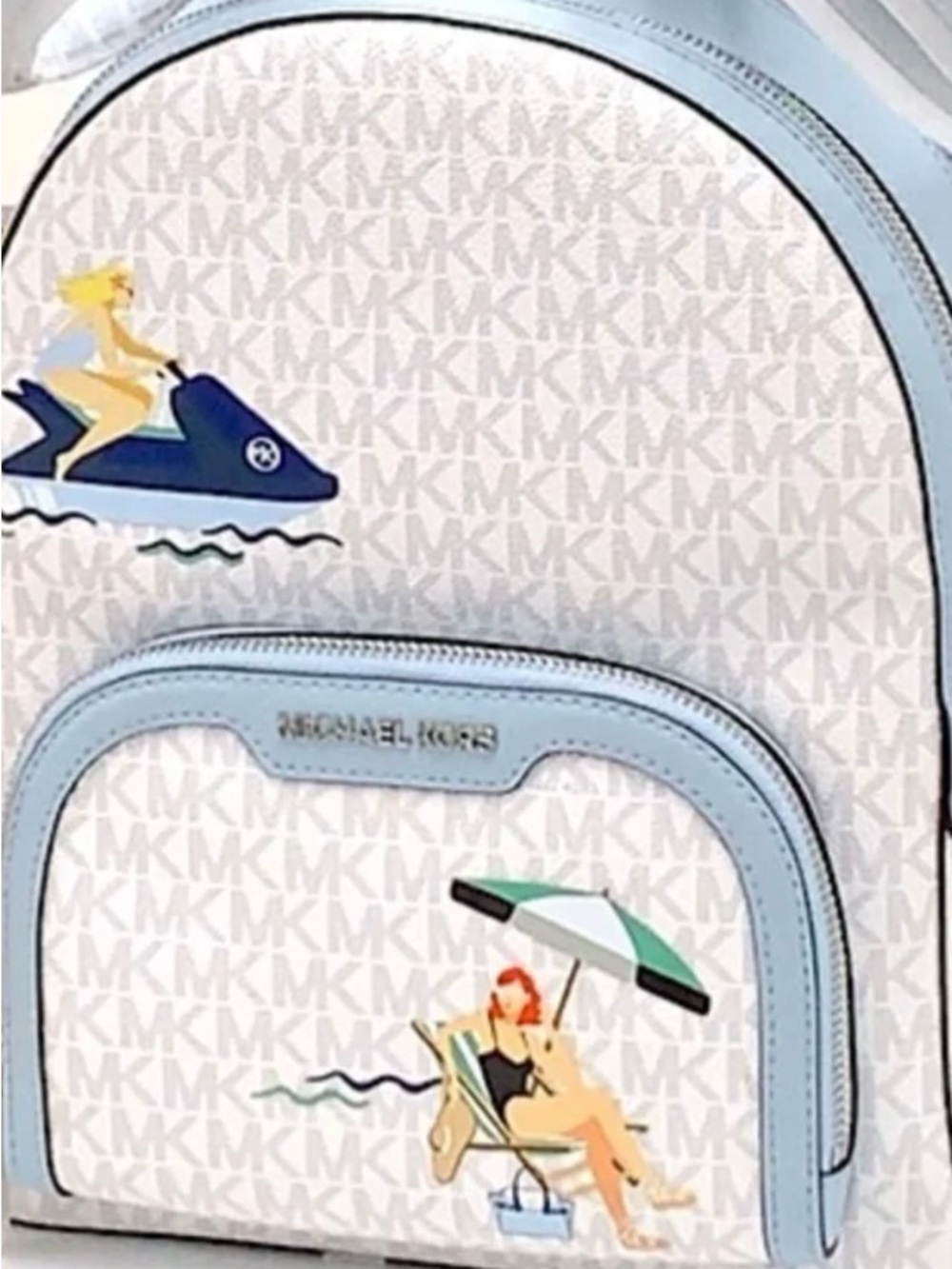 Michael Kors Light Blue, White and Navy Beach Print Mini Backpack